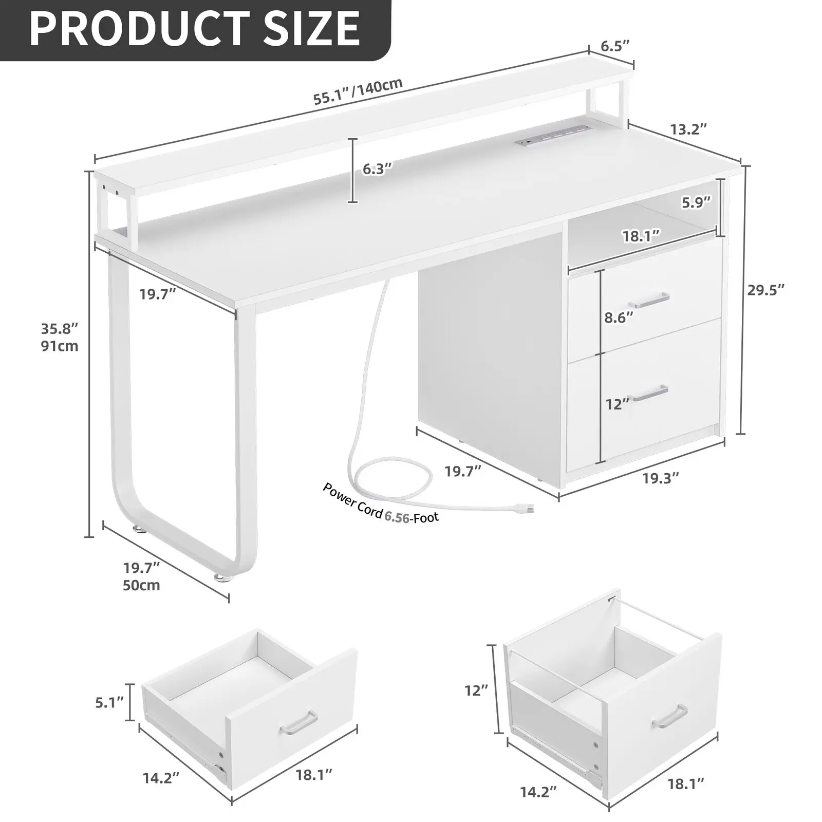 55" Computer Desk with Power Outlets & LED Lights Home Office Desk Writing Table 5