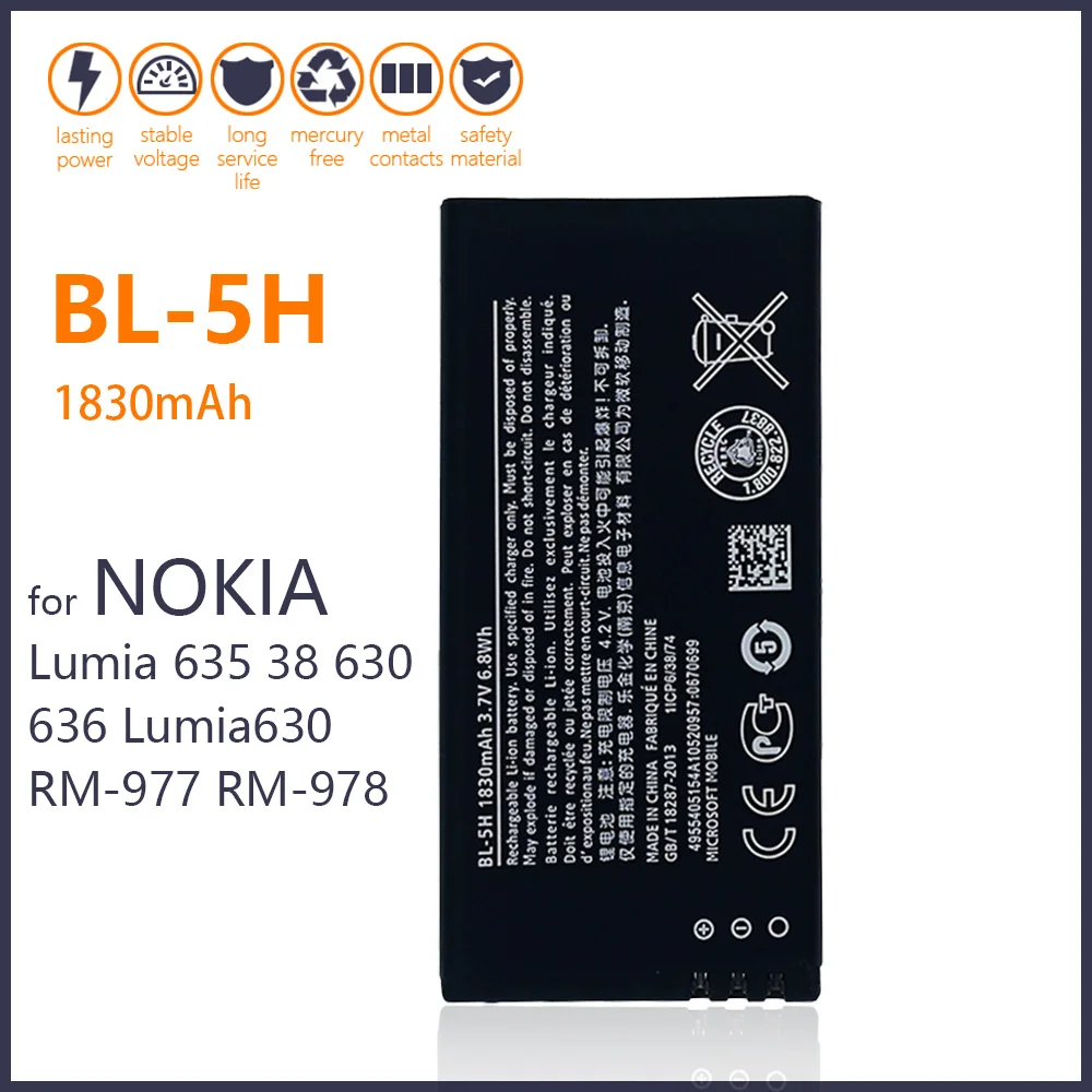 

100% Original BL-5H Battery For Nokia Lumia 635 38 630 636 Lumia630 RM-977 RM-978 BL5H 1830mAh Phone Batteries+Tracking number