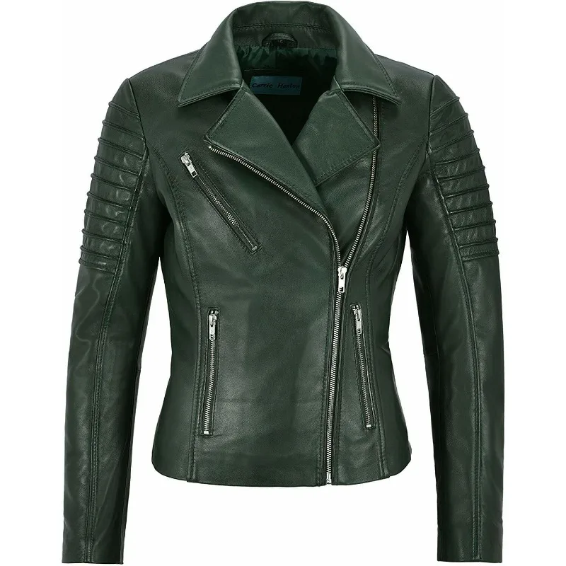 Women Lambskin Real Leather Jacket Biker Motorcycle Stylish Dark Green Coat