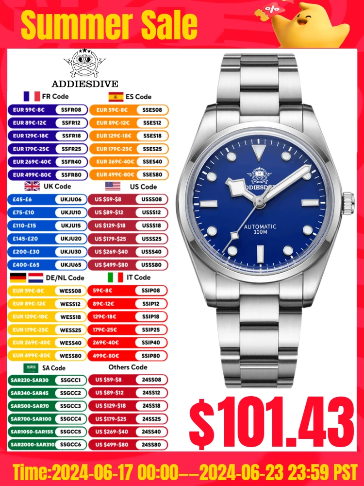 ADDIESDIVE AD2113 Men Dress Watches Sapphire Glass BGW9 Super Luminous 10Bar NH35 Automatic Mechanical Watch Reloj Hombre
