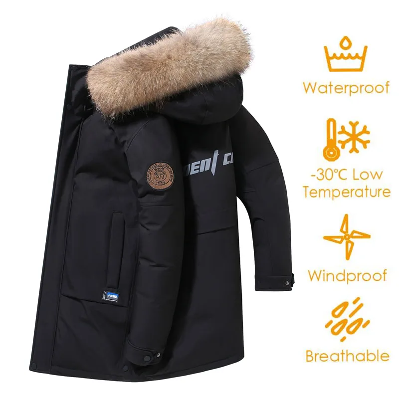 Mens Down Jacket Autumn Winter 90% White Duck Down Hooded Parkas Multi Pockets Plus 4XL