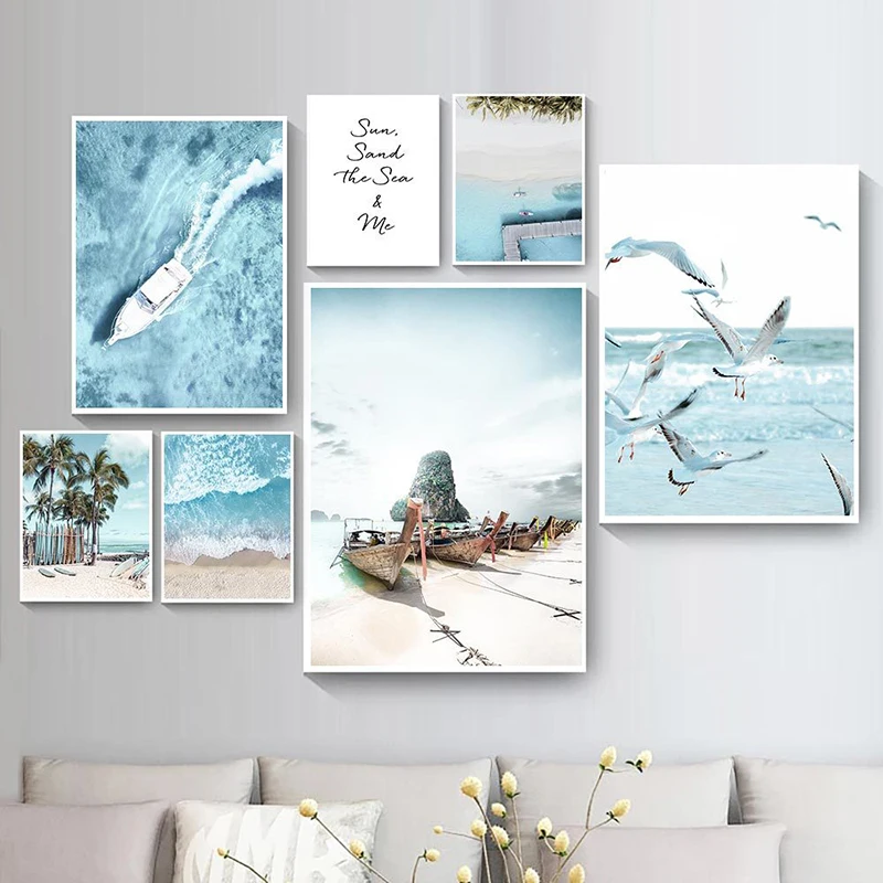 Nordic Summer Seaside Wall Poster Beach Canvas Poster Wave Art Painting Boat Art Prints Surf Wall Pictures Poster Decoration