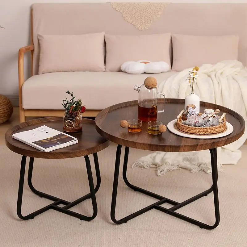 طاولة قهوة دائرية عصرية من الخشب والمعدن لغرفة الم...