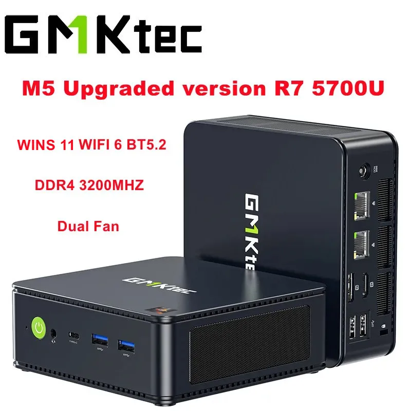 GMKtec M5 미니 PC 데스크탑 게임용 컴퓨터, 업데이트 버전 R7 5700U, Win 11 Pro DDR4 NVME SSD, PCIE 3.0, Wifi6 BT5.2, 듀얼 2.5G Lan