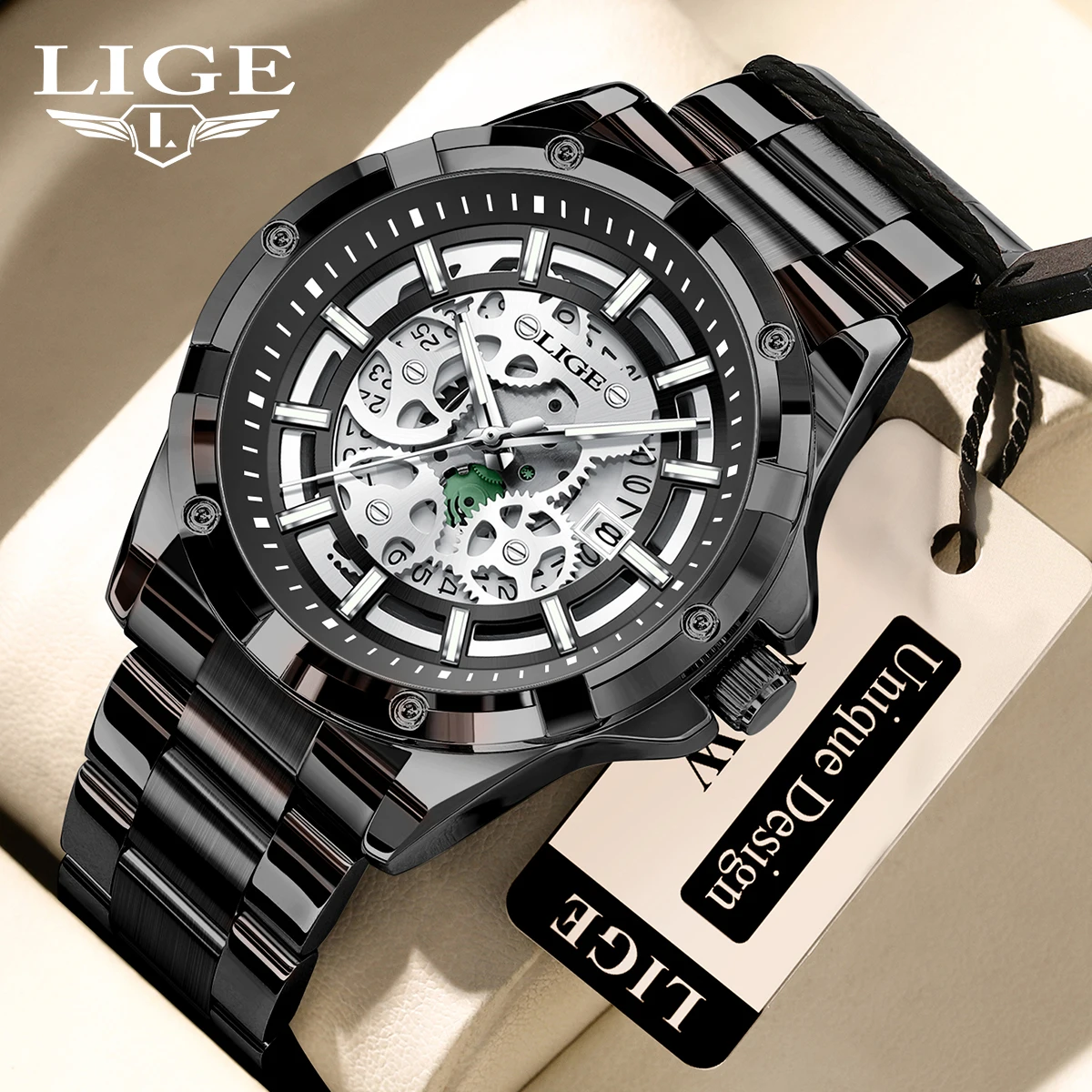 LIGE Luxury Steampunk Skeleton Dial Men's Automatic Mechanical Watch