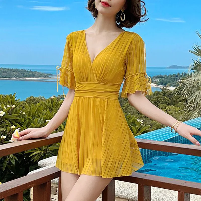 

2023 Elegant Fashion Solid Color Swimsuits Women All Match Sweat Casual Swimwear Kawaii Hollow Out Lady Dress New Female Clothes
