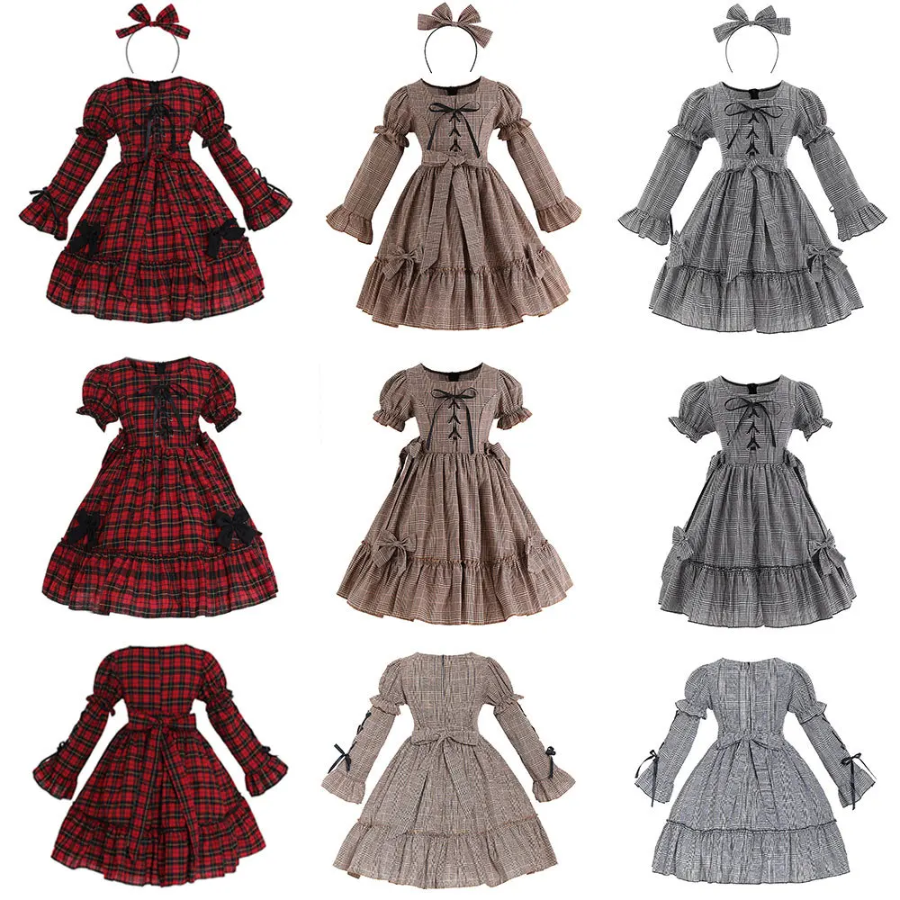 

2022 New Halloween Girl Cosplay Anime Game Three-color Lolita Japanese Plaid Bow Dress Lolita Photo Suit Children Dress Kids