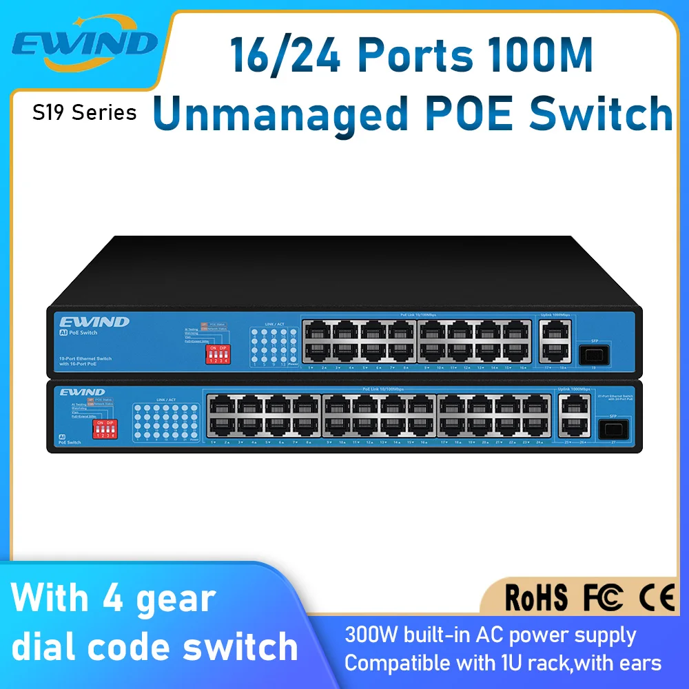 Ewind Fast Poe Switch 16/24 Porte Switch Ethernet Da 100M Con 2 Porte Uplink Rj45 Da 1000M E 1 Slot Sfp Da 100/1000M Ai Smart Switch