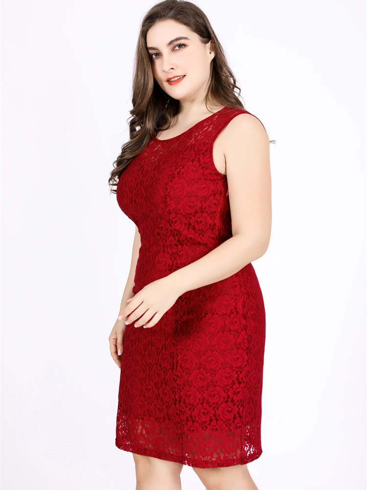 Lace Party Dress Women Summer O Neck Sleeveless Lace Floral Hollow Out Sexy Short Mini Dress 5xl 6xl Plus Size Pencil Dresses Best Sellers In Plus Sized Clothing