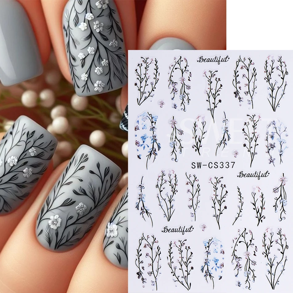 2pcs Elegant Flower Nail Art Stickers Retro Petals Leaf Vine Design Adhesive Nail Decals Sliders DIY Spring Manicure Decoration