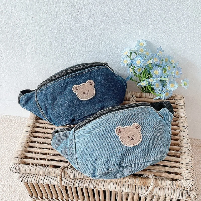 

Toddler Little Boys Mini Jean Fabric Waist Bag Kids Coin Purse Little Baby Girls Cute Bear Pattern Denim Fanny Pack
