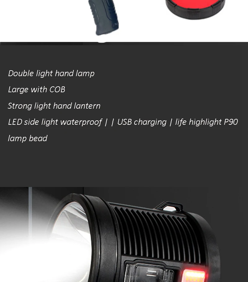 Description Picture 5 of item1Pc High Power Rechargeable Led Flashlight Searchlight Powerful Torch Spotlight Portable Lighting With 8000mAh Lithium Battery