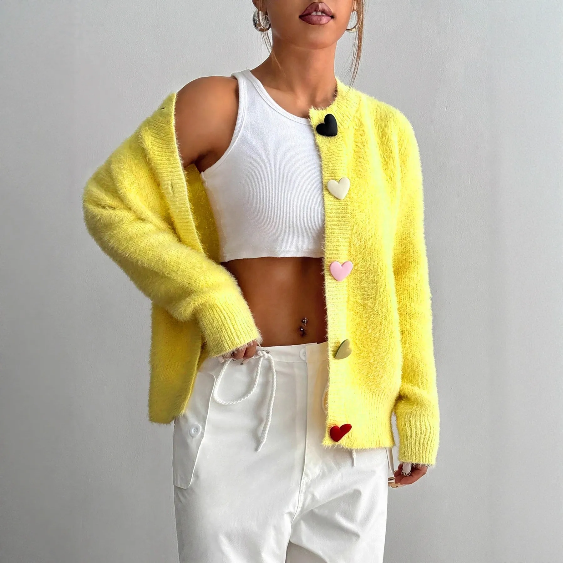 Femmes flou jaune Cardigan coloré coeur boutons à manches longues décontracté automne hiver pull hauts tricot pull 2025 tricots tenues – Image 3