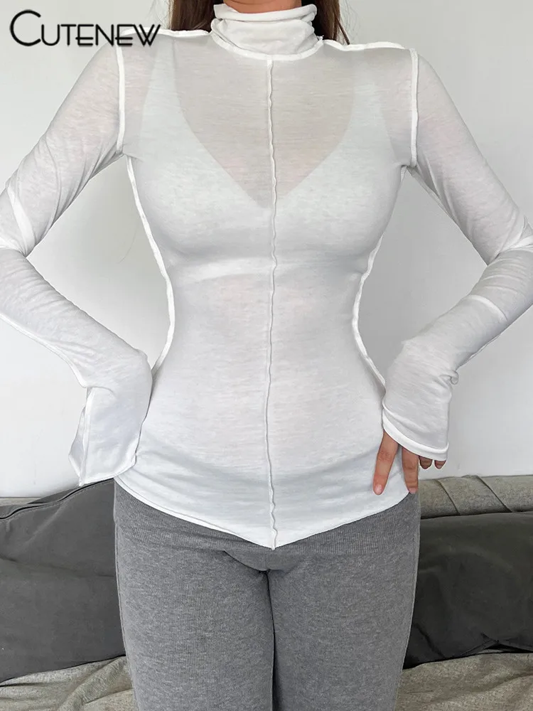 Solid Thin Sheer Autumn Women T-shirts Classic Ruched Trim High Collar Full Sleeve Basic Tees Female All-matched Tops