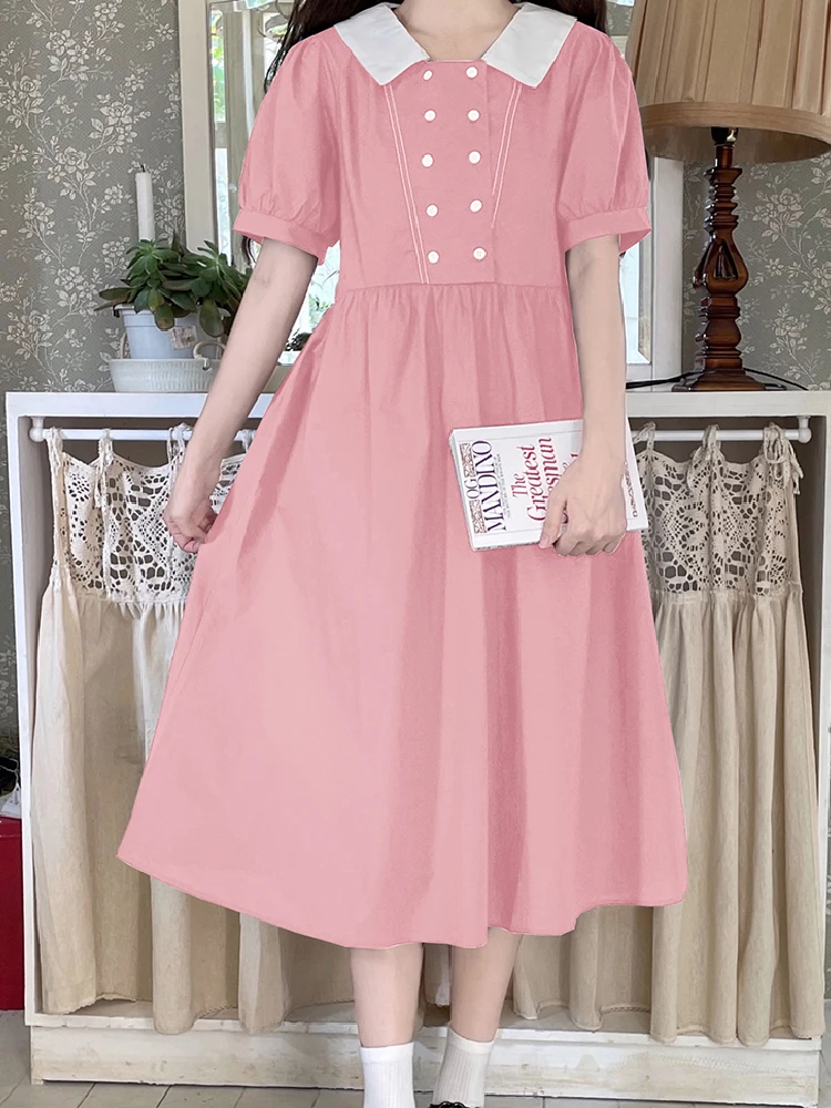 

Japanese Elegant Pink Women Long Dress Spring Kawaii Peter Pan Collar Waisted Ruffles Short Sleeve Mid Dresses Student Clothing
