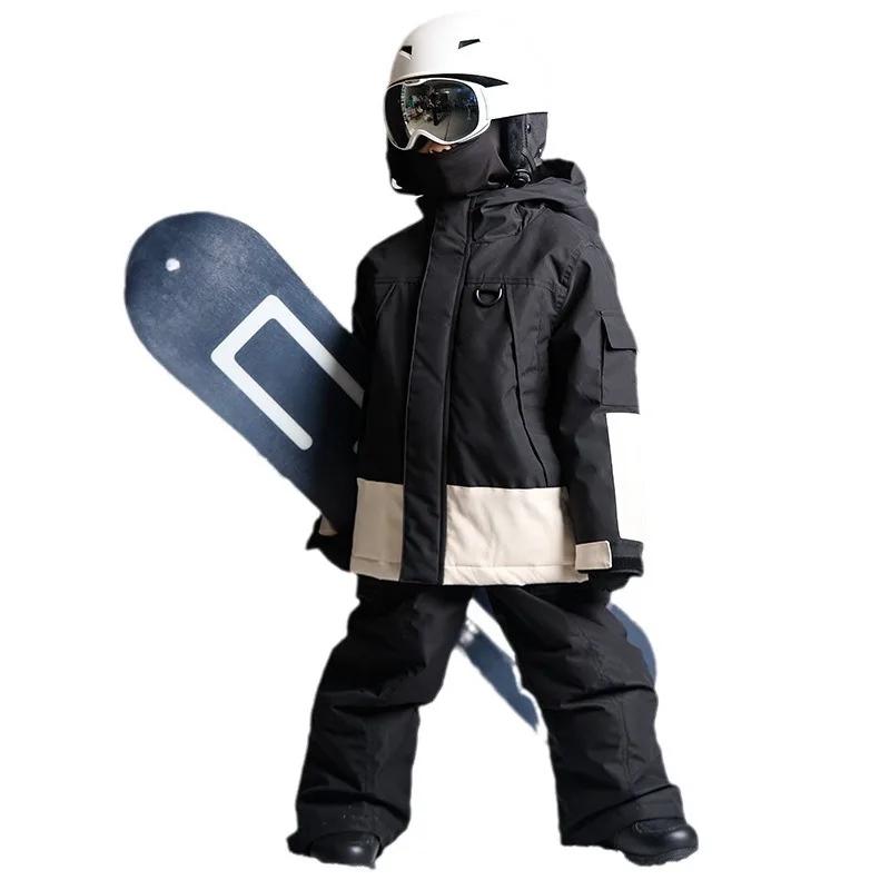 Original Black and White Children's Outdoor Strong Waterproof Moisture Permeable Ski Suit Quilted Fleece-lined Snow Suit