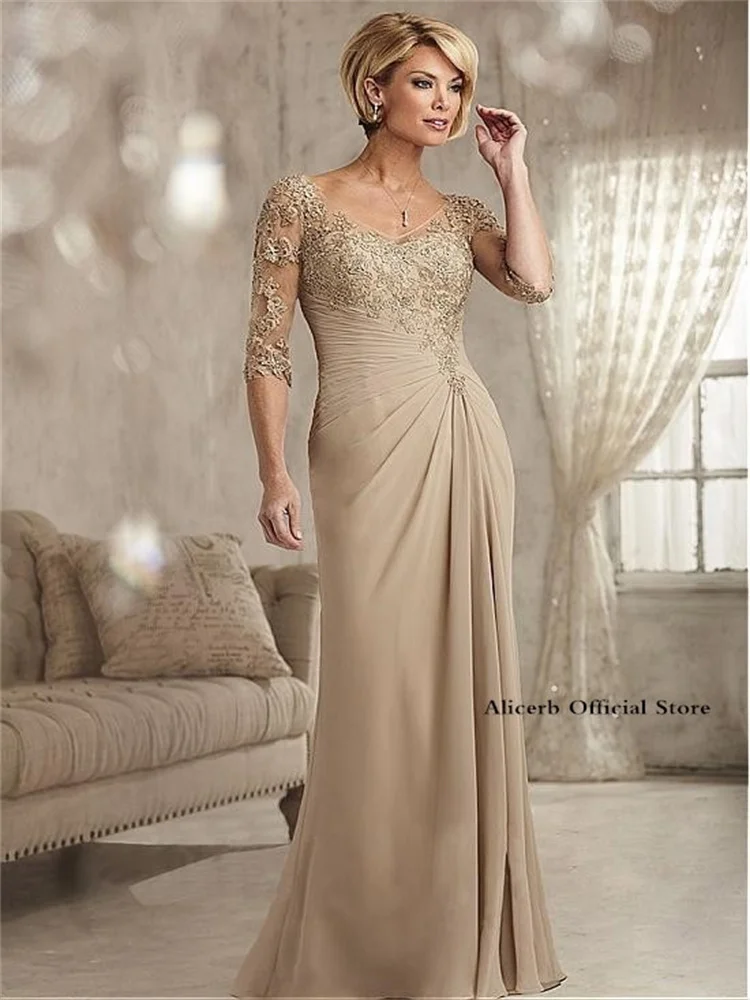 Mother Bride Dresses Elegant Mother Of The Bride Dresses Beaded Lace Champagne Prom Dress Chiffon Half Sleeves Groom Mother Evening Dress Made