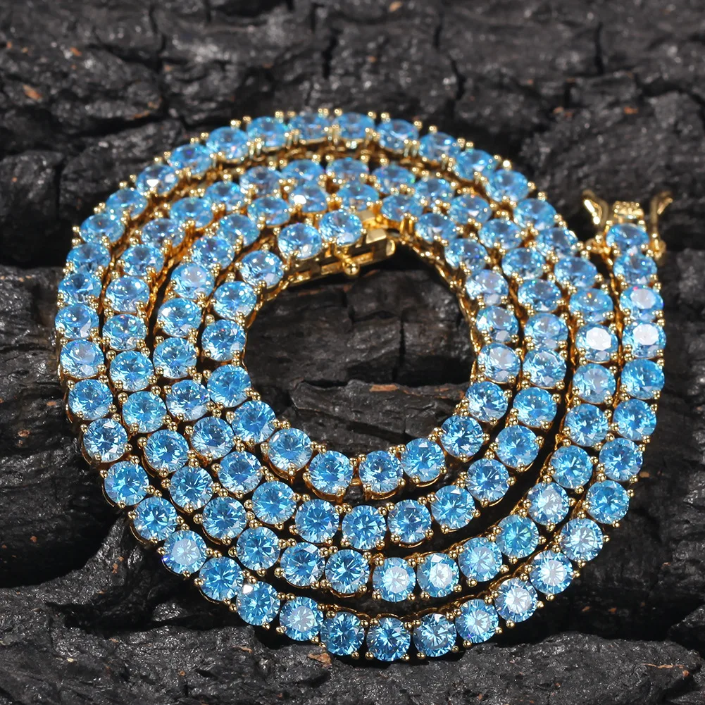 

Love Blue Zircon 4mm Bling Bling Iced Out Brass Chains CZ Necklace Fashion Hip Hop Jewelry BN074
