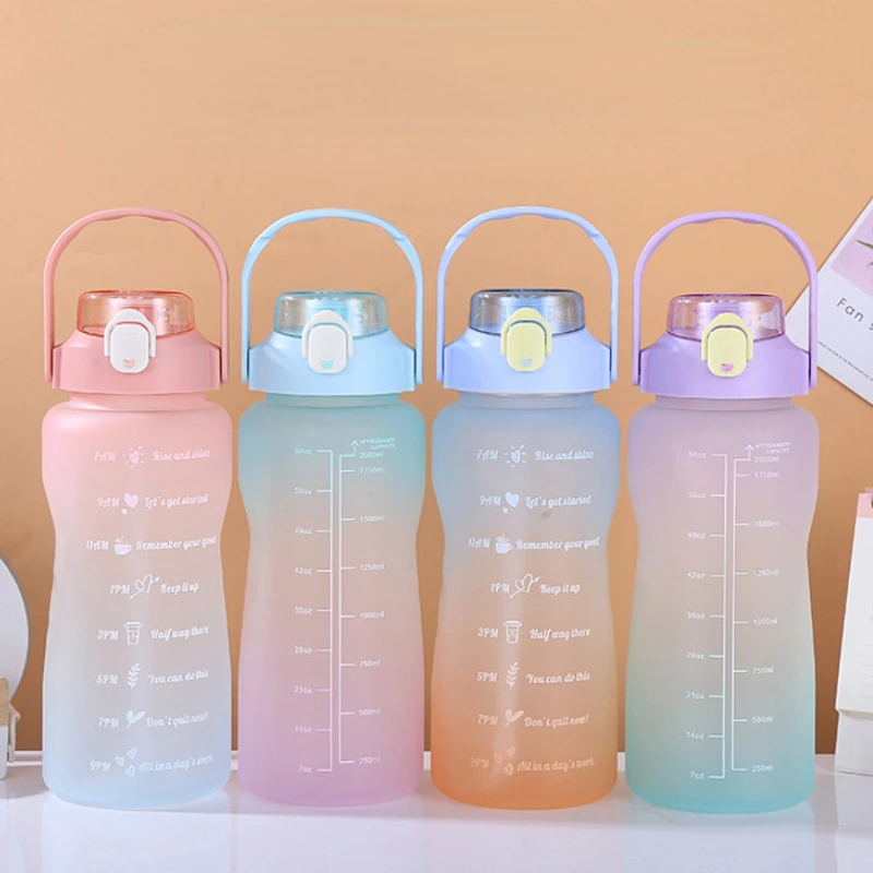 Sports Bottle Gradient Color Portable Plastic Water Cup 2000ml Large Capacity Elastic Cap Straw Kettle |