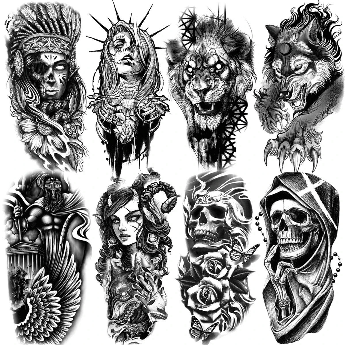 Tatuajes temporales con marco de Calavera, León negro, Lobo, para mujeres,  hombres adultos, Guerrero, flor rosa, tatuaje falso, arte corporal  realista, papel| | - AliExpress