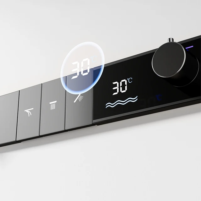 หรูหราปืนทองเหลืองสีเทา Thermostatic LED ดิจิตอลจอแสดงผล 3 โหมดสเปรย์ระบบอาบน้ําเพดานฝังน้ําตก Outlet Bath Mixer 4