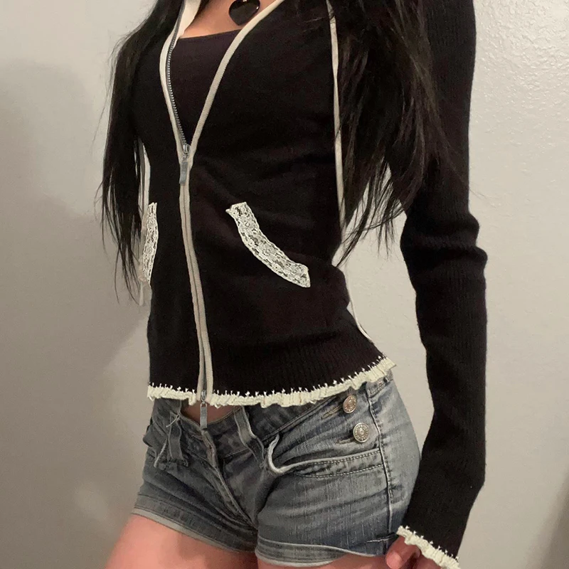 Black Lace Trim Knitted Sweater Cardigan Women Autumn Winter New Coat Sweet Basic All-Match Fashion 4