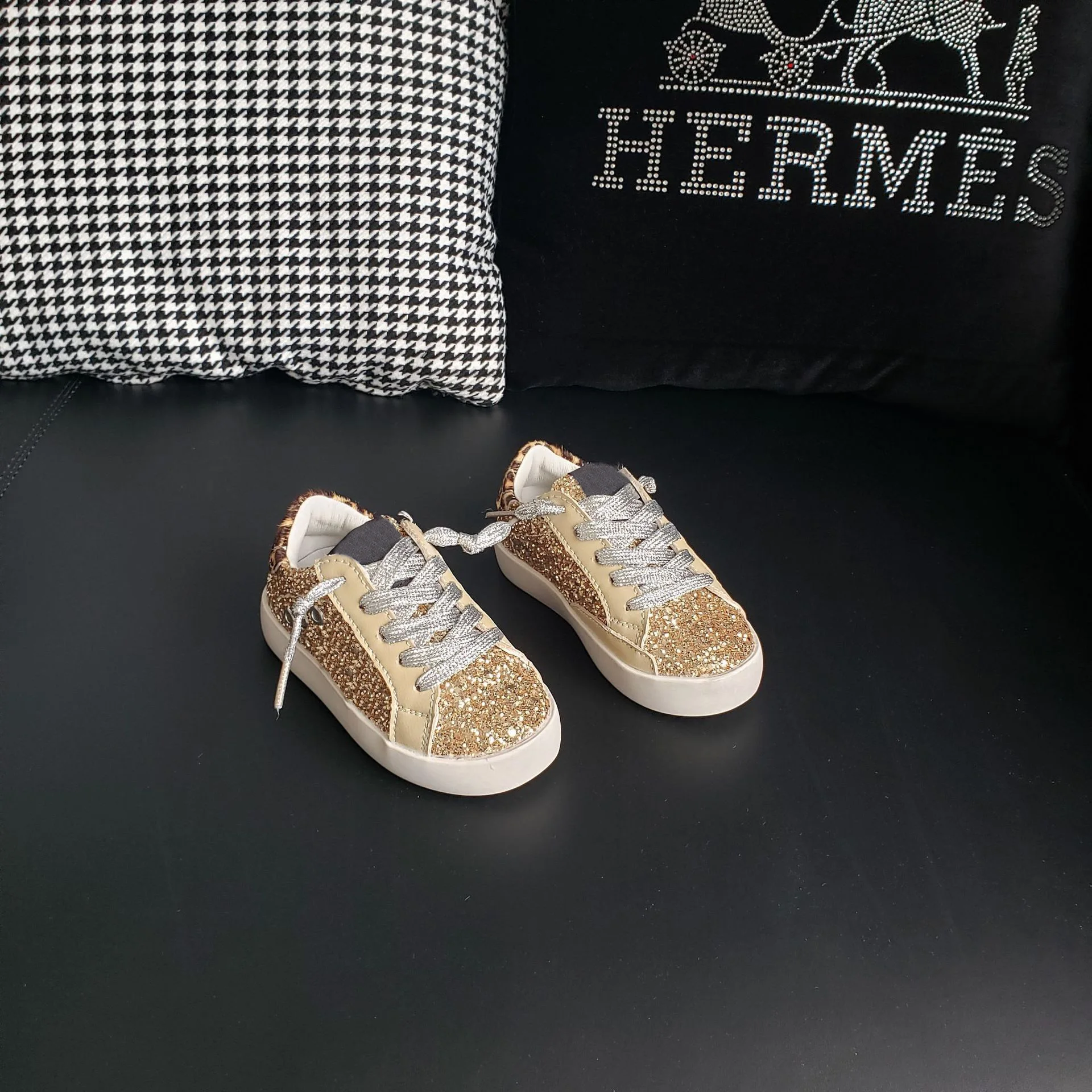 Gold Sequin Tone Sneakers Old School Leather Girl's May Glitter Leather Star Low-Top Sneakers Kids Leopard Shoes 2