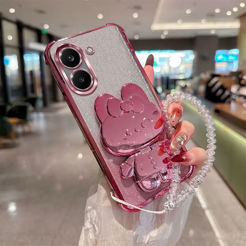 Rabbit Mirror Holder Phone Case with Hanging Rope and Shock-Absorbing Shell