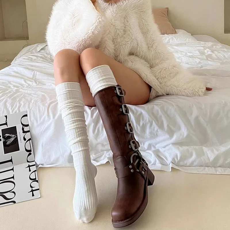Spring Knee Length Stockings for Women White Pile Socks Fashion GIrls JK Slimming Boots Sock Japanese Calf Socks Cotton Footwear