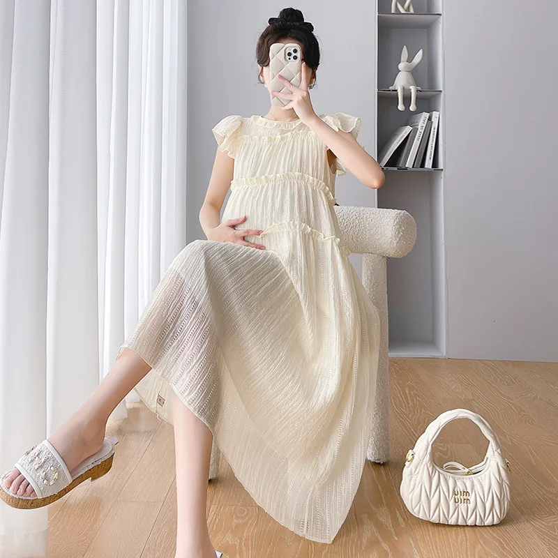

Maternity Solid Dress Summer 2023 New Pregnant Women Embroidery Hollow Sweet Fly Sleeve Dresses Fashion Pregnancy Dresses