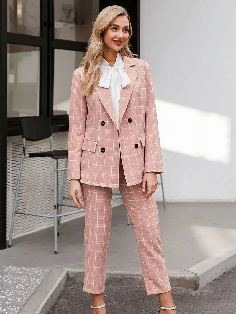 Plaid Women Blazer Suits Long Sleeve 