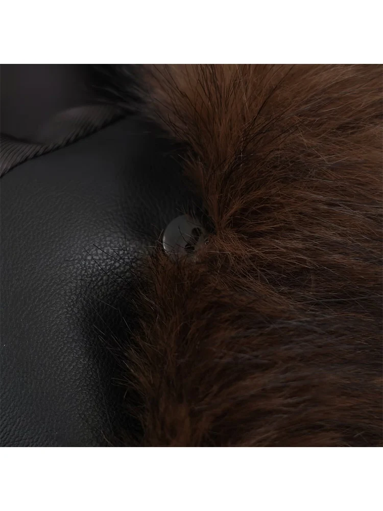 Women's Faux Fur Collar Leather Long Jacket Fashion High Street Belt Decoration Leather Outwear 2025 Winter Female Chic Coat