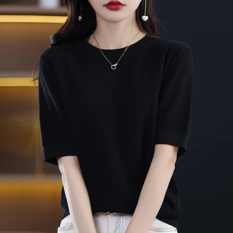 

Summer Simple Elegant Women's Black White Pure Color Silk Knit Top Round Collar Short Sleeve Pullover Knitwear Effortless Wear