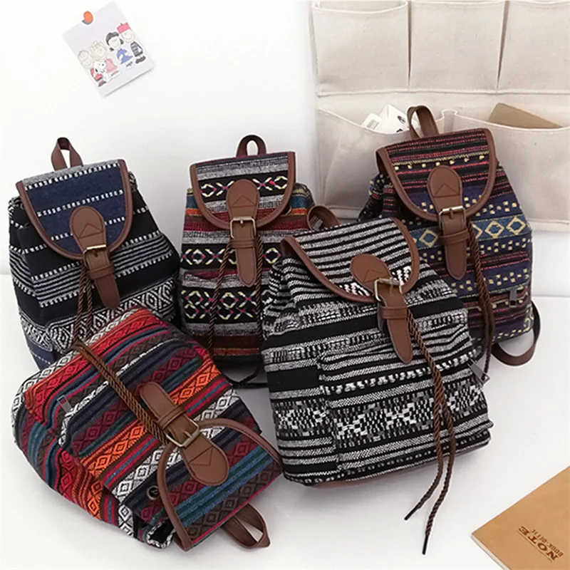 

Women's Bags Ethnic Styles Striped Canvas Double Shoulders Large Capacity Backpacks Designer Bag Retro Female Bag