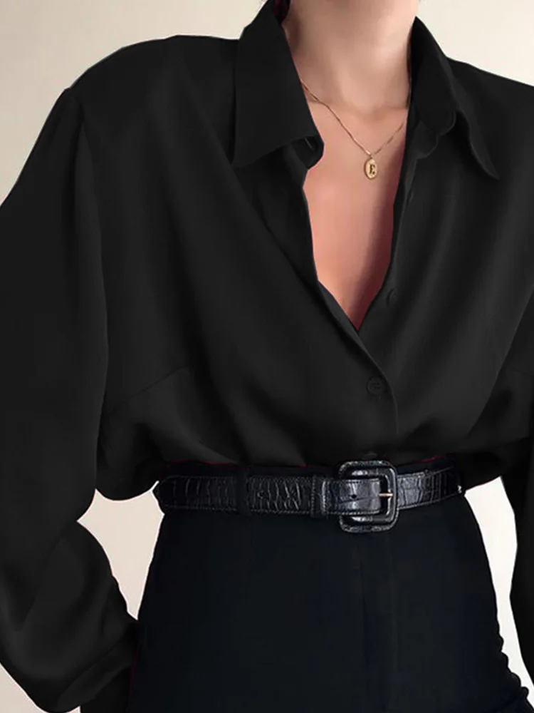 Women Button Blouses Turn Down Collar Shirts Office Lady Long Sleeve ...
