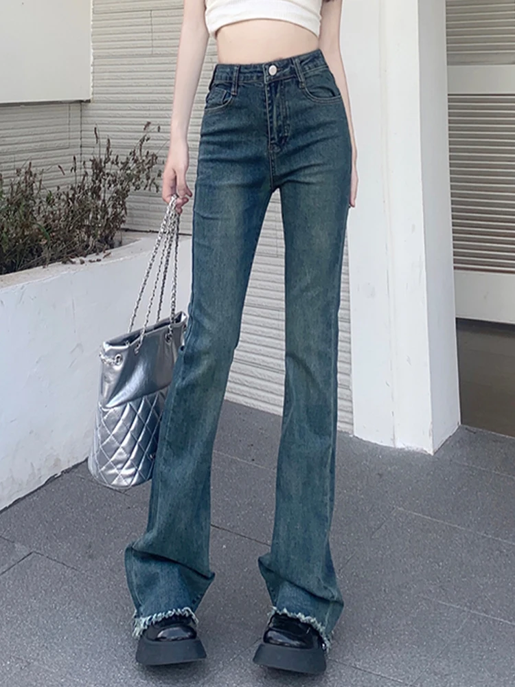 

Vintage High Waist Elastic Denim Slim Fit Flare Pants 2023 Autumn New Fashion Women'S Clothing