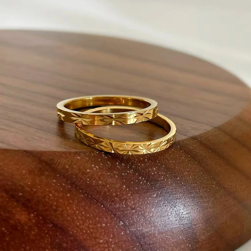 Stainless Steel Rings For Women Golden Stackable Starburst Textured Pattern Minimalist Delicate Finger Tail Joint Jewelry