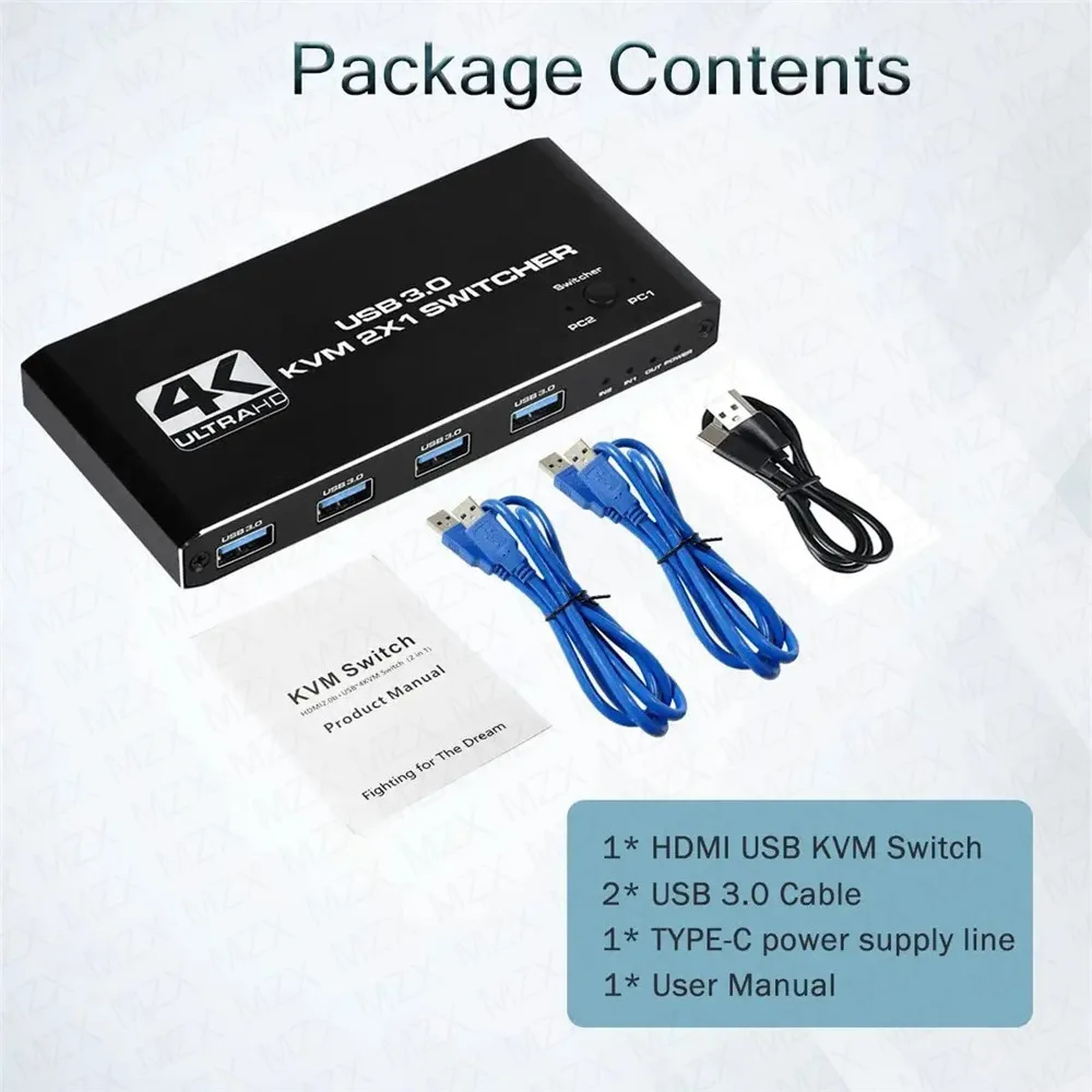MZX KVM 스위치 스위처, 4K 60Hz HD4K 2.0 분배기, USB 3.0 허브 도킹 스테이션, 도크 2 컴퓨터 PC 공유 키보드 마우스 프린터