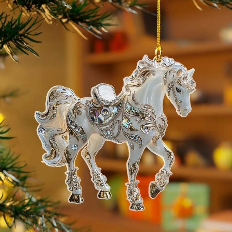 2D Acrylic Horse Car Rearview Mirror Pendant Charm Christmas Tree Ornament New Year Hanging Decoration