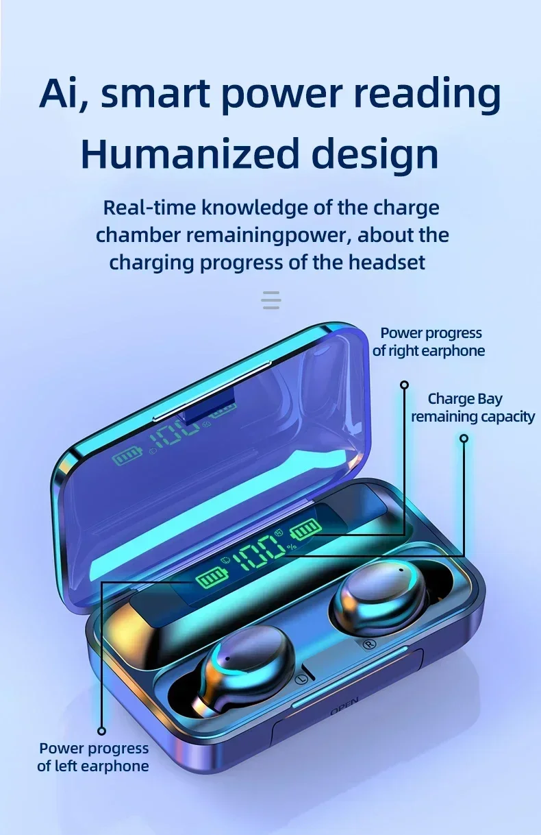 Description Picture 4 of itemNew F9 Bluetooth Headphones 9D Stereo High Bass Sport Earphones Handfree Touch Control Tws Wireless Earbuds Waterproof Headset