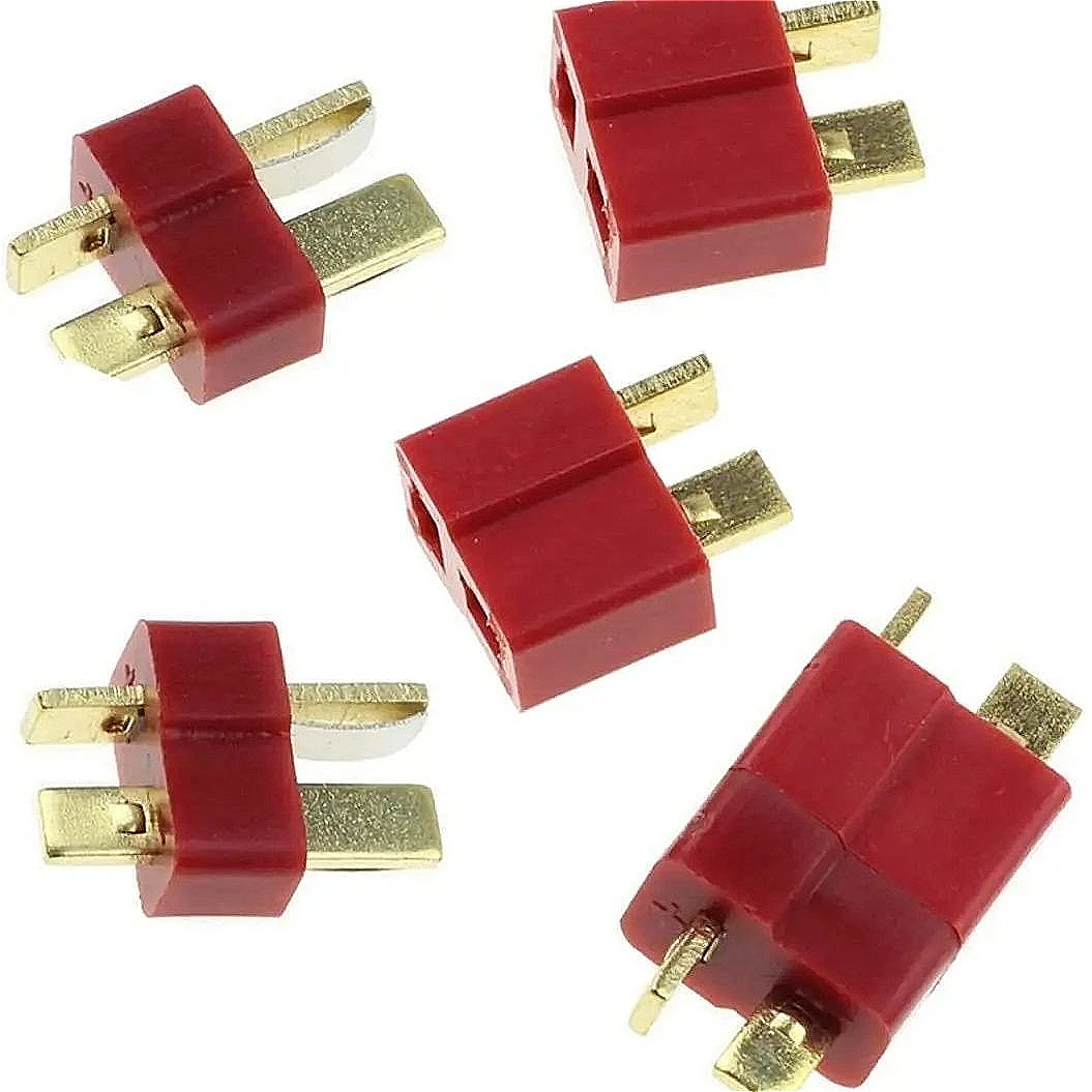 Paires de connecteurs T Plug pour batterie RC, connectés entre eux, montrant la compatibilité.