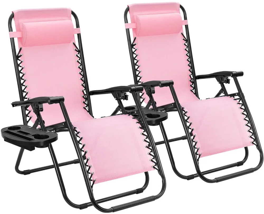 Zero Gravity Chair Camp Reclining Lounge Chairs Outdoor Lounge Patio Chair with Adjustable Pillow 2 Pack (Pink)