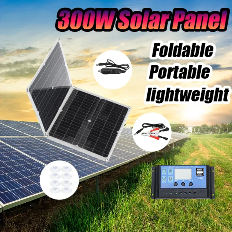 300W Solar Panel With Dual USB+DC Output Portable Foldable Charging Device Outdoor Mobile Power Supply With 10A-100AController