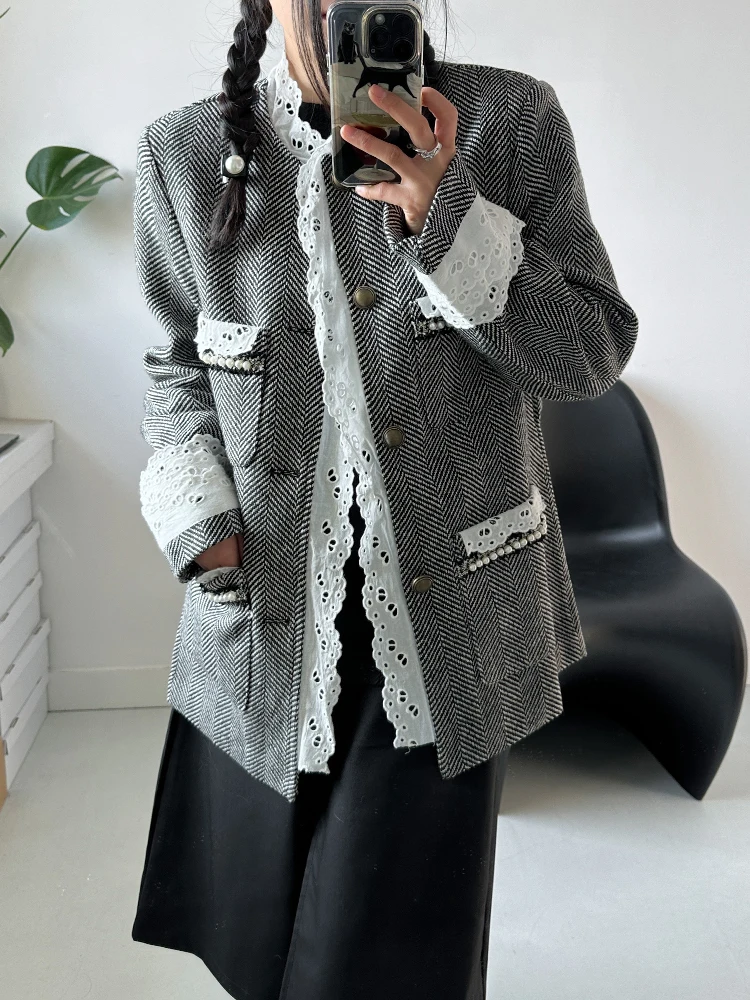 

SuperAen Весна 2024 Корейская тяжелая промышленность жемчужная кружевная куртка свободный саржевый Блейзер женские топы