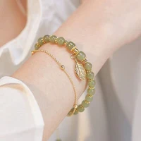 Chinese Style Green Jade Bracelet For Women Exquisite Gold Color Leaves Wrist Strap Bangle Double Chain Bracelet Girls Gifts 4