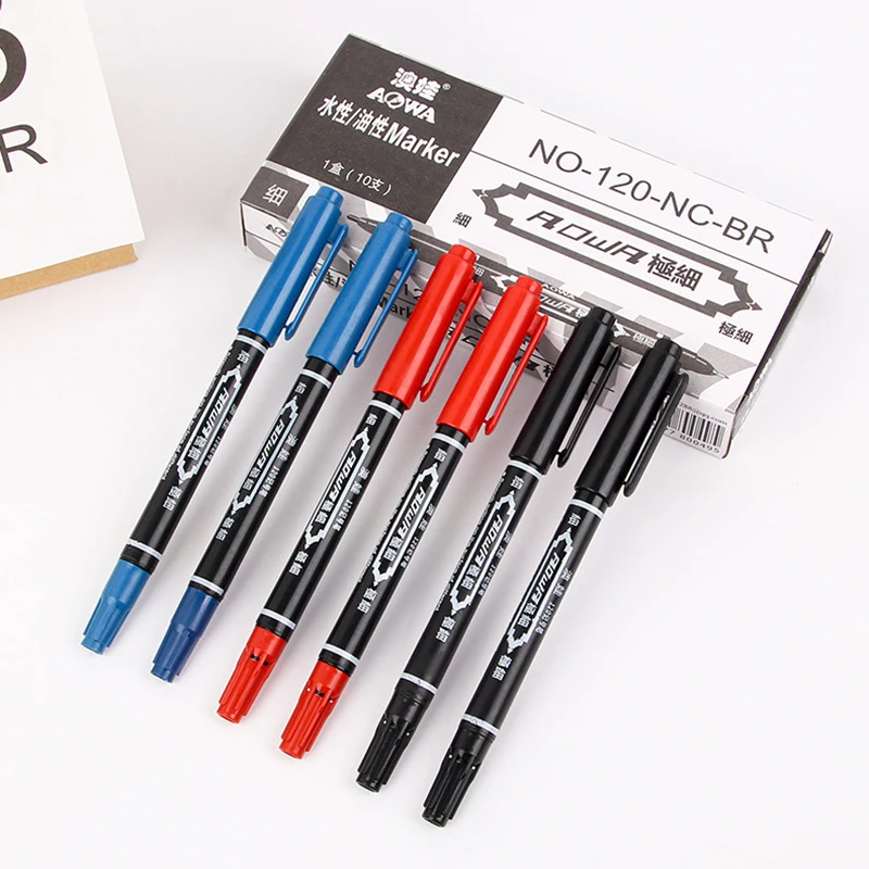 10 stücke Großhandel Twin Tip Permanent Marker Stift Feine Spitze Wasserdichte Tinte Dünne Spitze Rohe Spitze Schwarz/blau/Rot Tinte 0,5/1mm Feine Farbe – Detail 6