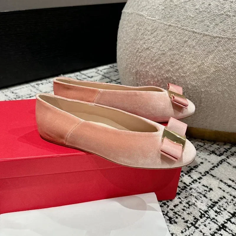 Flat handmade ballet shoes, leather, light round head, bow trim, light mouth women's slip-up shoes, 2024 6
