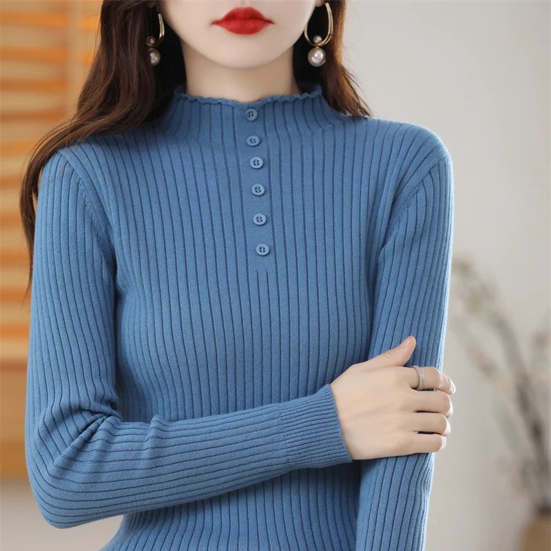 

Women's Pullover Spring/Autumn 100% Cotton Sweater Casual Solid Knitwear Ladies' Tops Slim Half Turtle Collar Blouse Button