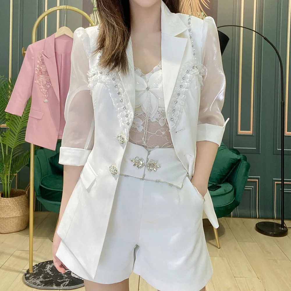 【KAREN MILLEN】アップリケサテンビーズタキシードブレザー 4XL Women's Blazer Bead Rhinestone Femme Summer Sunscreen