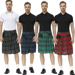 Gothic Men Scotland Kilt Traditional Plaid Belt Pleated Bilateral Chain Punk Hip-hop Avant Garde Scottish Tartan Trousers Skirts